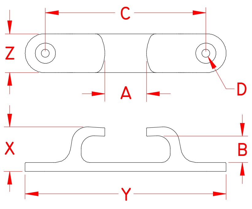 Stainless Steel Straight Chock, S3405-0000, S3406-0000, Line Drawing Stainless Steel Straight Chock, S3405-0000, S3406-0000, Line Drawing